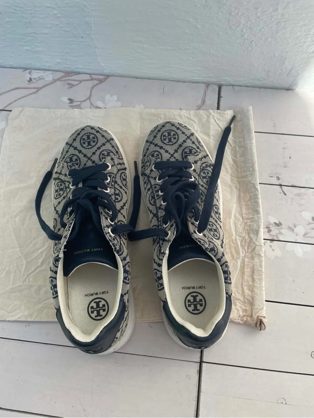 Tory Burch Navy Logo-Pattern Lace-Up Sneakers